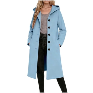 Winter Coats for Women, Ladies' Casual Warm Winter Daily Solid Color Long-Sleeve Hooded Woolen-Like Trench Coat Top with Pockets & Buttons, Regular-Fit, Long Coats for Women
