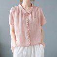 thumbnail image 2 of Timegard Hauts pour Femmes en Coton et Lin Col Montant Froncé Manches Courtes Blouse Boutonnée Décontractée Ample Hauts, 2 of 8
