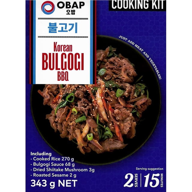 OBAP Kit de Cuisson Coréen Bulgogi Montrant un Bol de Bœuf Bulgogi Cuit avec des Légumes, des Oignons Verts et des Graines de Sésame. Comprend du Riz Cuit (270 g), de la sauce Bulgogi (68 g), des Champignons shiitake Séchés (3 g) et du Sésame Rôti (2 g). Sert 2 en 15 minutes Sans MSG Ajouté.