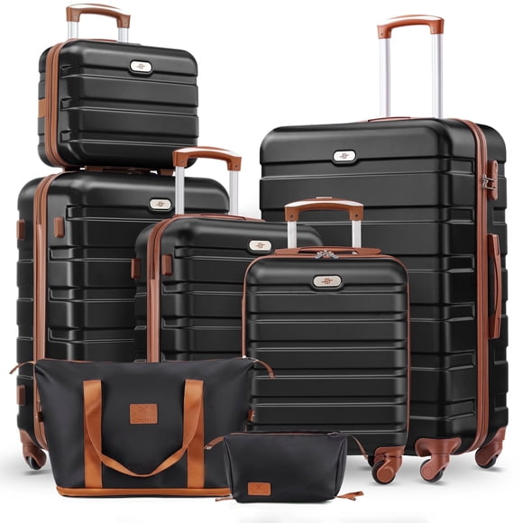 Gowill 7 Piece Luggage Sets,13/16/20/24/28 inch Hardside Lightweight ABS Suitcase With Expandable Duffle Bag (Black Tan)