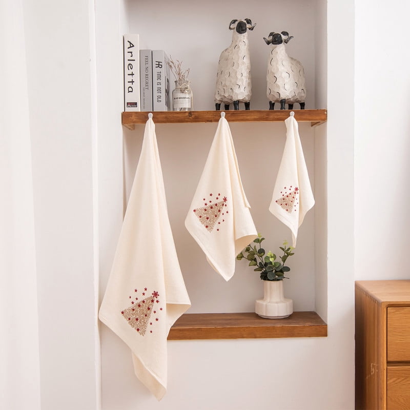 Marina Decoration Xmas Ensemble de Serviettes de Luxe Premium Ultra Doux 100 % Coton Brodé Moderne de Noël 3 Pcs