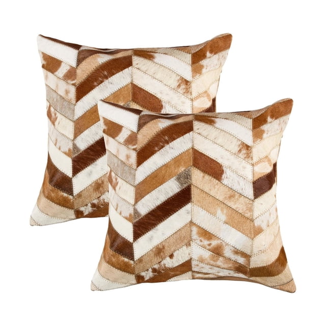 TORINO CHEVRON COWHIDE PILLOW 18"X18" 2-PACK with two hand-stitched square pillows in a chevron pattern made from natural Indian cowhide in brown, tan, and white shades, featuring a hidden zipper and soft microsuede backing, ideal for layering in home décor and suitable as accent pillows for sofas or beds.