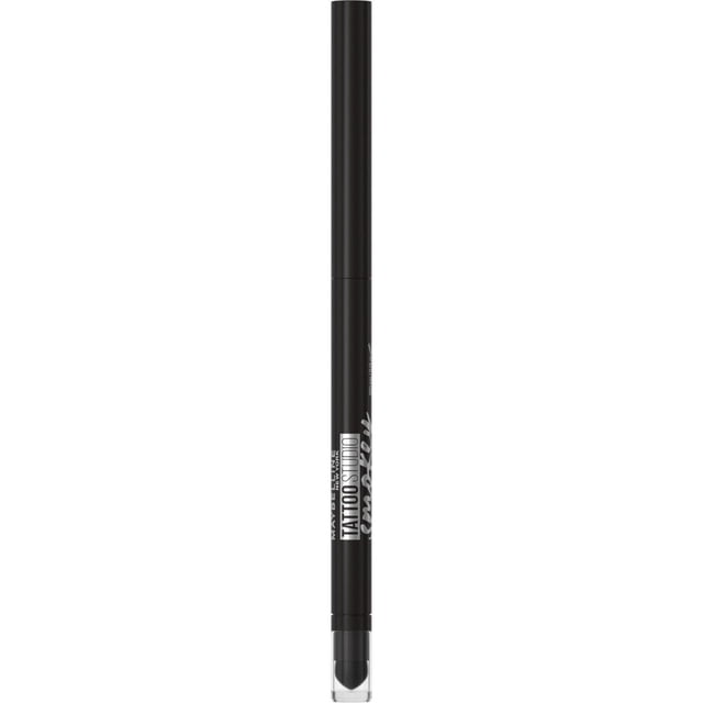 Maybelline Tattoo Studio Smokey Gel Pencil Eyeliner in a slim black mechanical pencil with white and grey branding text, featuring a precision tip and clear cap, designed for smooth, smudge-resistant application and a long-lasting matte smokey finish suitable for detailed eye makeup.