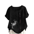 thumbnail image 2 of Économies d'Été! Horkkom Hauts Grande Taille pour Femmes Été Chemises Amples en Lin à Manches Courtes Col Rond Imprimé Floral Blouses Confortables, 2 of 4