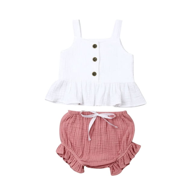 Newborn Baby Girls Button Sleeveless Crop Tops + Mini Shorts Outfits 2pcs Clothing Set
