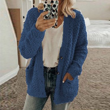 Shiusina Women Casual Plus Size Plush Sweater Pockets Outerwear Buttons Cardigan Coat Dark blue
