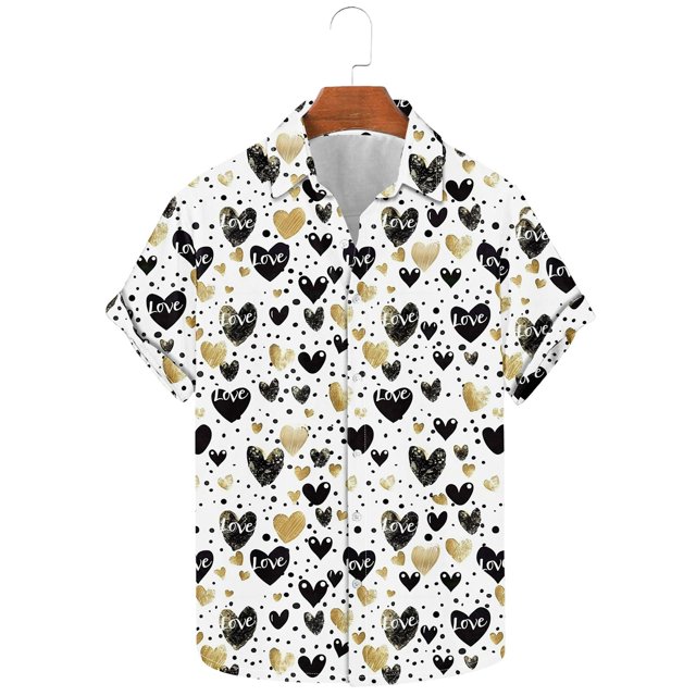 Weiqiqre Mens Sweatshirt Funny Love Pattern Printed Short Sleeve Quick Dry Button Down Lapel Shirt
