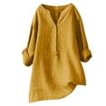 thumbnail image 1 of RKSTN Womens Tops Cotton and Linen V-Neck Long Sleeve Three Buttons Plus Size Tops Loose Fit Solid Color Basic Breathable Summer Tops Blouses, 1 of 5