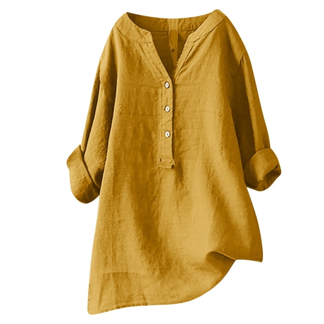 RKSTN Womens Tops Cotton and Linen V-Neck Long Sleeve Three Buttons Plus Size Tops Loose Fit Solid Color Basic Breathable Summer Tops Blouses