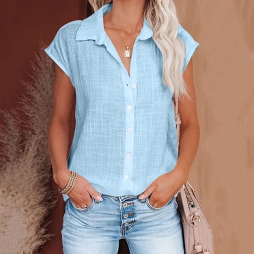 Button Down Shirts For Women,Fashion Women New Style Cotton Linen Solid Color Shirts V Neck Short Sleeve Blouses Summer Casual Ladies Tops