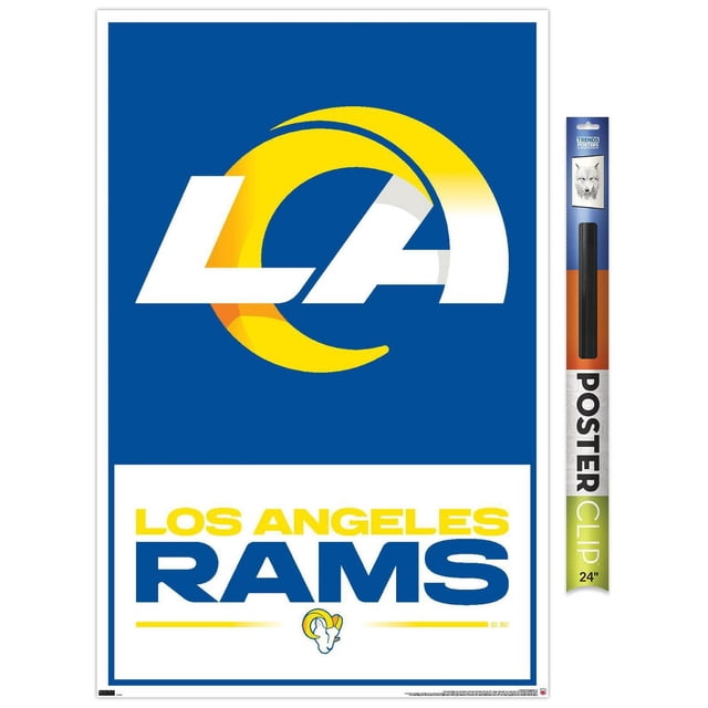 NFL Los Angeles Rams - Affiche Murale Logo 21, 22,375 Po x 34 Po Encadrée, Présentant un Logo La Blanc et Jaune Centré sur un Fond Bleu au-Dessus du Texte Audacieux Jaune et Bleu « Los Angeles Rams » avec un Petit Logo de Tête de Bélier en Dessous, Idéale pour l'Art Mural dans les Chambres, Bureaux Ou Dortoirs.