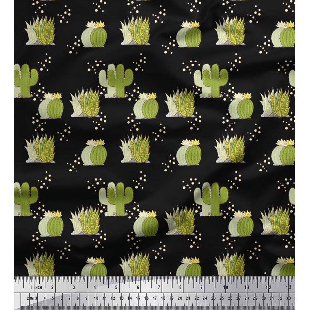 Soimoi Black Poly Georgette Fabric Sea Plant & Cactus Tree Print Sewing Fabric Yard 52 Inch Wide