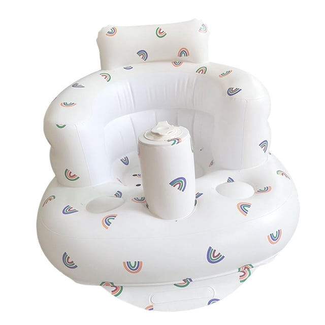 Siège Gonflable pour Bébé de Piscine Chaise de Douche pour Bébés Tigers. un Siège Gonflable Blanc pour Bébé avec un Dossier de Soutien et une Colonne Centrale pour une Stabilité Accrue, avec un Motif Arc-en-Ciel Coloré. Conçu pour les Bébés de Trois Mois et Plus, Il Offre un Soutien de la Tête et du Dos, le Rendant Adapté à une Utilisation dans les Piscines, sur l'Herbe Ou à la Plage. le Siège Comprend des Trous d'air pour le Confort et une Pompe à Air invisible Intégrée pour un Gonflage Facile. Dimensions : 57x48x35cm (22.44x1