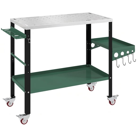 HOMCOM 2Tier Rolling Tool Cart with Side Tray, Silver & Green