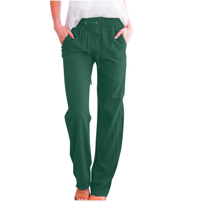 Timegard Cotton Linen Pants for Women Elastic Waisted Drawstring Straight Leg Lounge Pants with Pockets