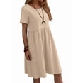thumbnail image 2 of Robe T-Shirt d'Été en Coton et Lin pour Femmes, Décontractée, Coupe Ample, Col Rond, Manches Courtes, Longueur Midi, avec Poches, Abricot, P, 2 of 7