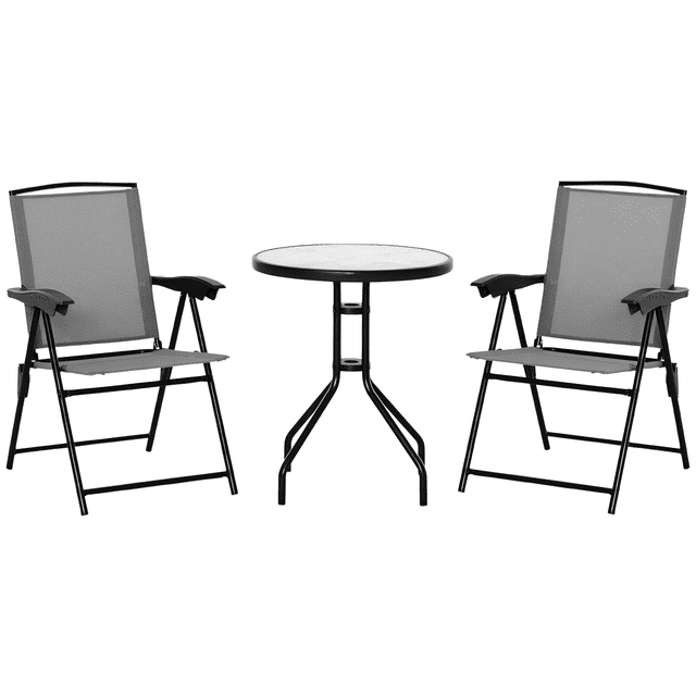 Outsunny Ensemble Bistro Pliant pour Patio avec Chaises Inclinables et Table Ronde. Cet Ensemble de Mobilier d'Extérieur 3 Pcs Comprend une Table Ronde à Dessus en Verre Trempé Gris et Deux Chaises Pliantes Grises avec Dossiers Réglables, Sièges en Tissu sling et Accoudoirs Courbés pour le Confort. l'Ensemble Est Fabriqué en Acier Enduit de Poudre pour la Durabilité et Est Idéal pour patios, Jardins, Terrasses et Balcons. dimensions de la Table : 23,5 Pouces de Diamètre et 27,5 Pouces de Hauteur. dimensions de la Chaise : 32,5 Pouces de Profondeur,