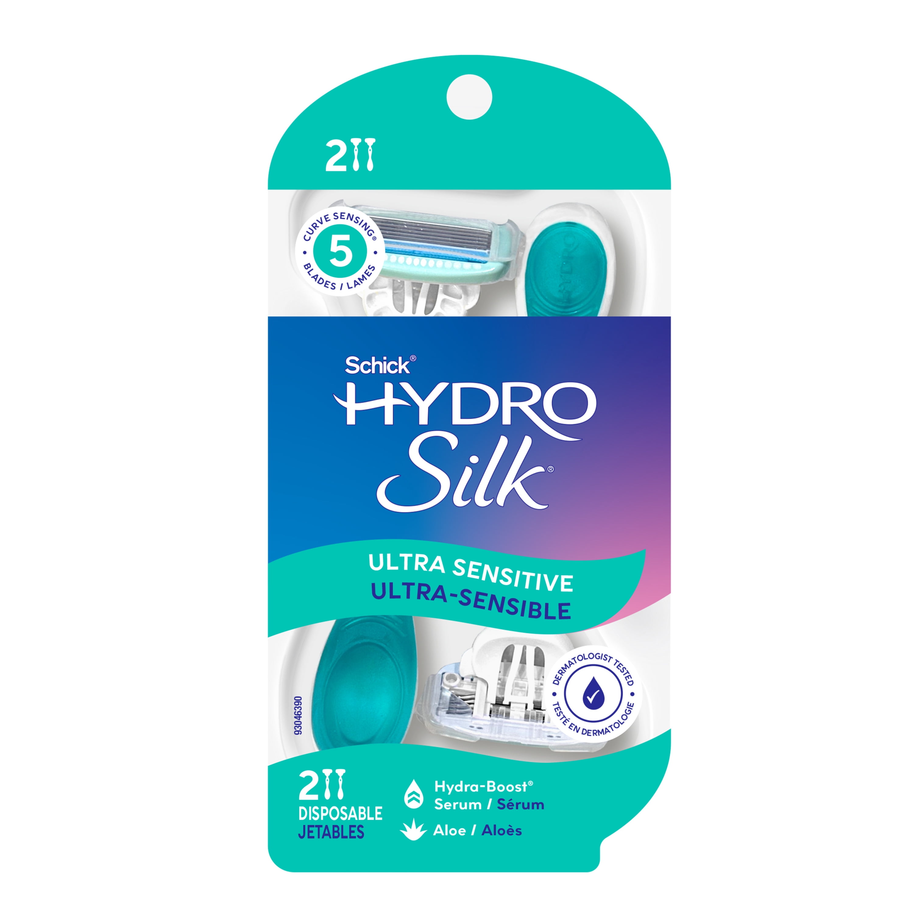 Rasoirs jetables à 5 lames Schick Hydro Silk pour peau ultra-sensible, emballage de 2 rasoirs pour femmes