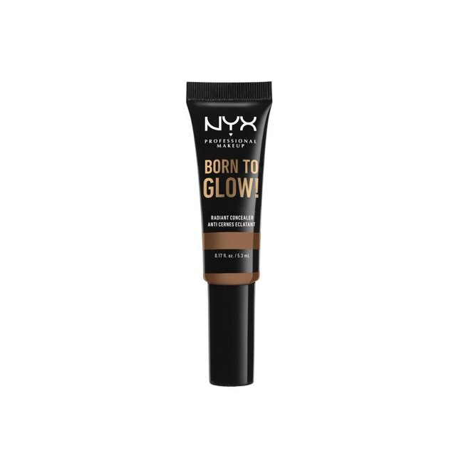 NYX Professional Makeup Born to Glow! Radiant Concealer 5.3 mL tube with black cap and body, gold and white text, micropearl-infused formula that brightens eyes, covers blemishes, blurs imperfections, and is suitable for contouring with built-in puff for easy application.
