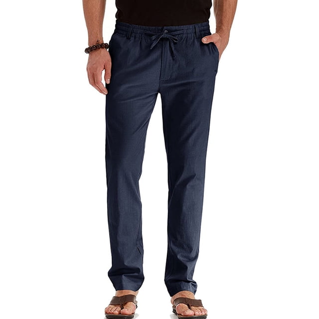 MAWCLOS Mens Trousers Elastic Waist Pants Drawstring Bottoms Fitted Summer Solid Color Loungewear Navy Blue 2XL