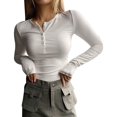 thumbnail image 1 of Long Sleeve Tee Shirts 2023 Long Sleeve Shirts for Women V Neck Henley Tops Slim Fit Basic Ribbed Knit Button down T Shirts Tops - Hontri, 1 of 5