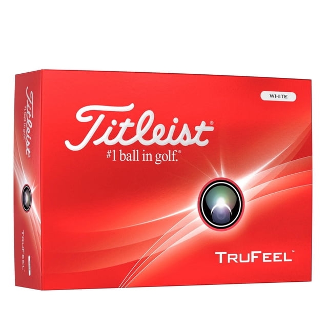 Titleist TruFeel White Golf Ball packaging box in red featuring the Titleist logo, '#1 ball in golf' tagline, and TruFeel branding with a circular graphic, emphasizing soft feel and trusted quality for golf balls.