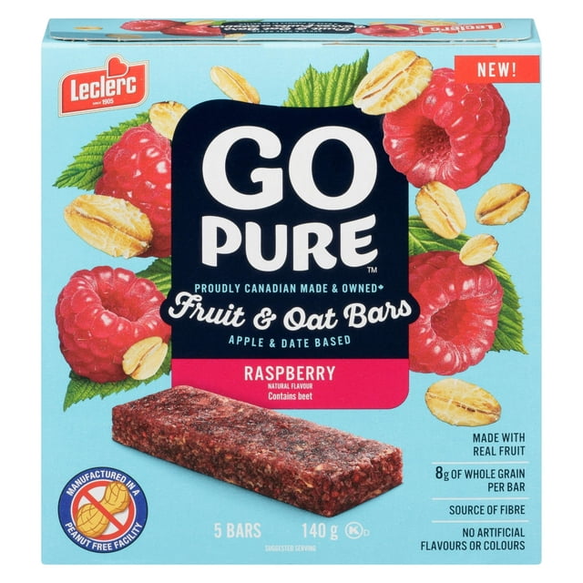 Go Pure Raspberry Fruit & Oat Bars box containing five bars weighing 140g, showing raspberries and oats on a light blue background, made with real fruit, 8g whole grain per bar, source of fibre, peanut-free certified, no artificial flavours or colours, ideal for a healthy lunch box snack.