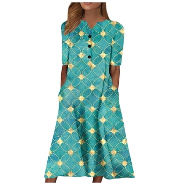 Pisexur Robe de Plage Fleurie pour Femme Décontractée à Col en V Évasée Ample Robe T-Shirt d'Été à Manches Courtes Tunique avec Poches