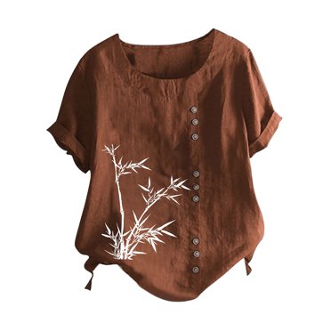Baberdicy T-Shirts pour Femmes Dames Rétro à Imprimé Feuille Décontracté Ample Coton Lin Manches Courtes Chandail T-Shirt Hauts pour Femmes Café