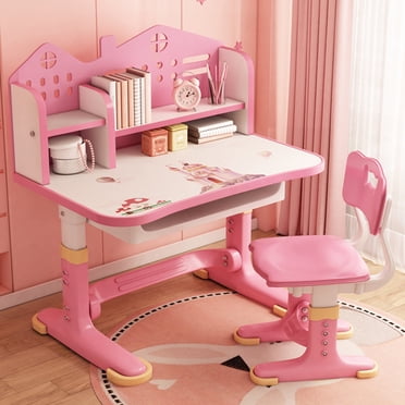 Kids Functional Desk Chair Set, Height Adjustable Children School Study Desk with Castle Backboard, Widened Desktop, Bookstand and Storage Drawer (Pink)