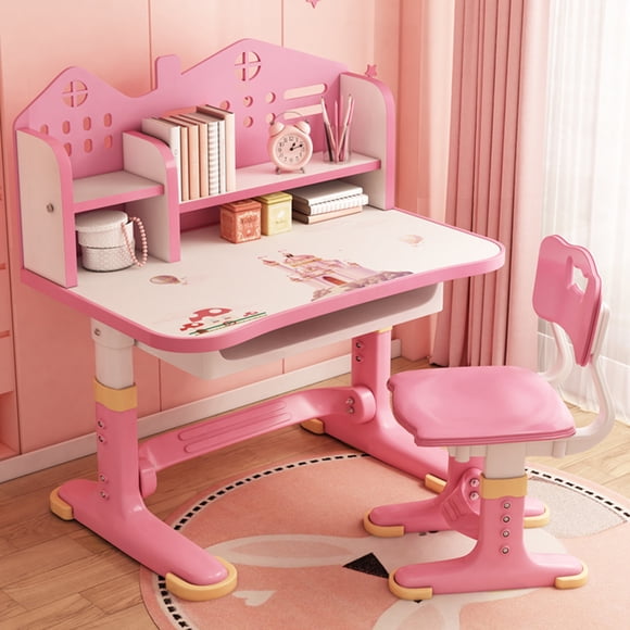 Kids Functional Desk Chair Set, Height Adjustable Children School Study Desk with Castle Backboard, Widened Desktop, Bookstand and Storage Drawer (Pink)