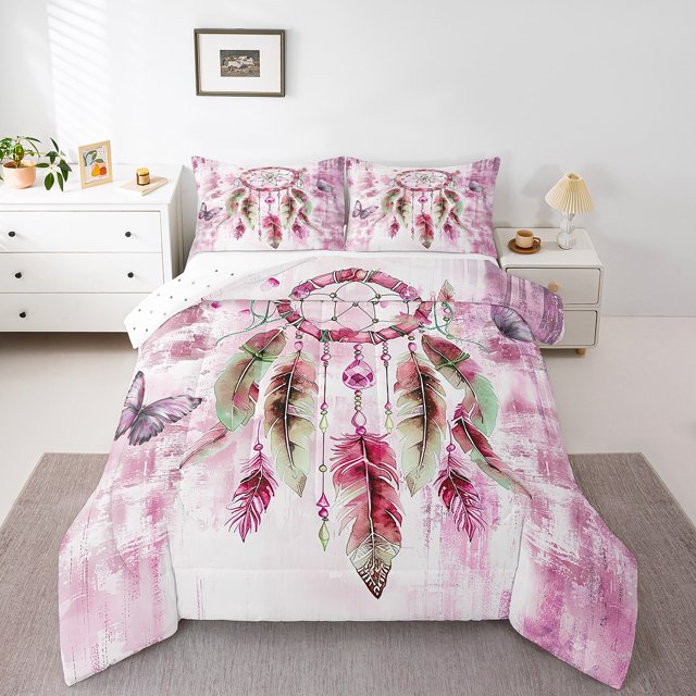 Parure de Lit Attrape-Rêves Bohème Format Simple pour Filles Femmes, Ensemble de Couette Ombré Rose Simple, Insert de Couette Boho à Plumes Dégradées Chic, Courtepointe/édredon Papillon, Literie Esthétique Abstraite Couettes et Ensembles