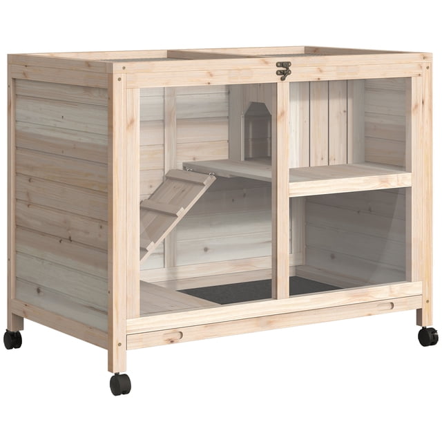 PawHut Indoor Rabbit Hutch with Wheels, a natural wood small animal habitat with a two-floor design. Features a ramp, pull-out tray, and sturdy metal wire panels for ventilation and observation. Ideal for rabbits, bunnies, guinea pigs, or other small animals. Dimensions: 36 inches long, 21 inches wide, and 28.7 inches high.