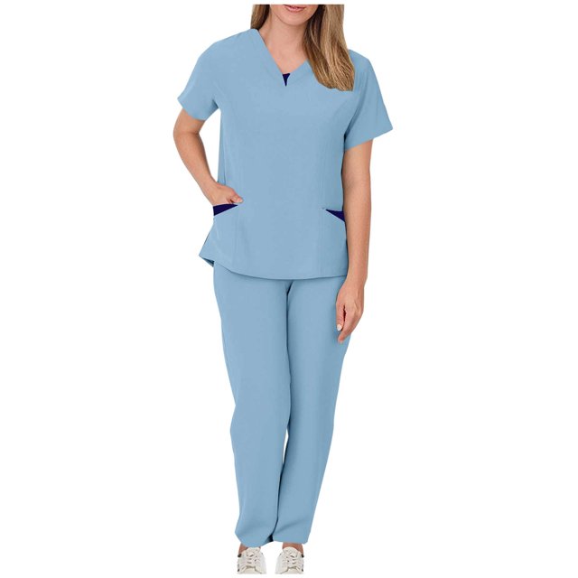 Women Scrub Sets, V Neck Medical Uniform Top with Pockets, Drawstring Scrub Pants, Nurse Uniform Sets for Work, Casual Two-Piece Outfits