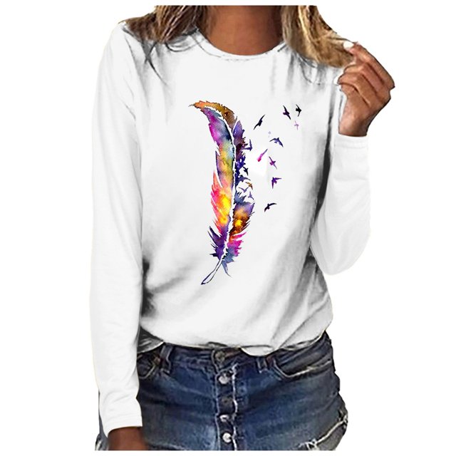 PVCS Hauts pour Femmes Col Rond Imprimé Manches Longues Blouse Décontractée Ample T-shirt
