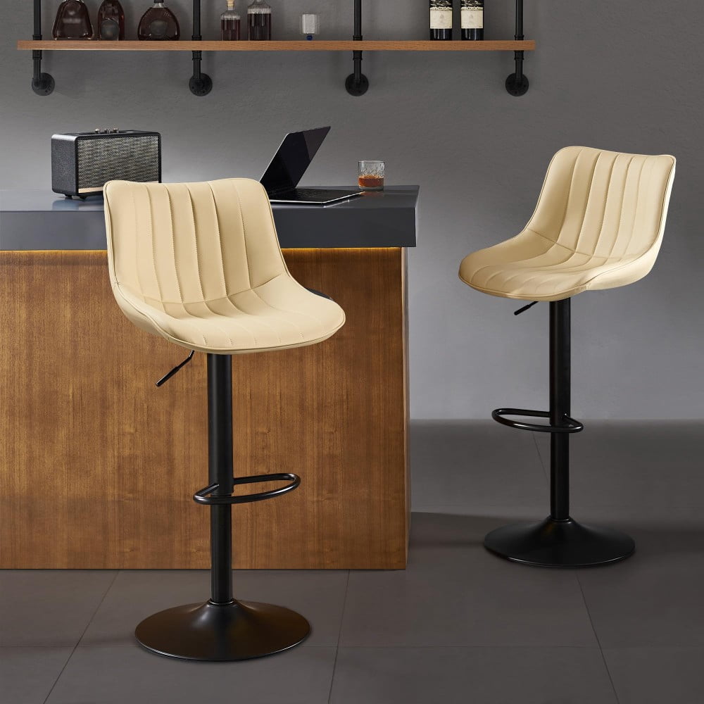 Beige Set of 2 Adjustable Swivel Bar Stools, Modern PU Leather Counter ...