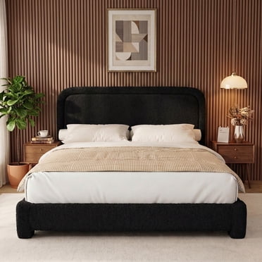 Hcore Boucle Bed Frame Queen Size,Modern Black Bed Frame with Adjustable Headboard, Soft Rounded Corners,No Box Spring Required,Easy Assembly