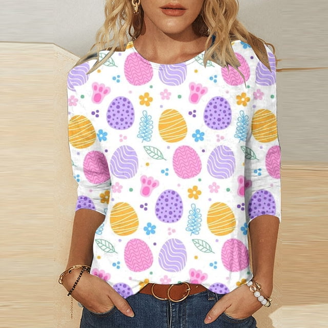 Babysbule T-Shirts de Pâques pour Femmes en Liquidation T-shirt de Mode pour Femmes avec Oeufs de Pâques Imprimés Blouse à Manches 3/4 Col Rond Hauts Décontractés
