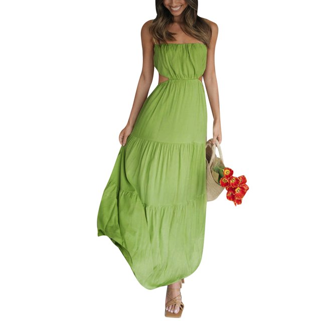 Faithtur Robe d'Été pour Femmes Robe Spaghetti Couleur Unie Taille Découpe Ouverte Dos Longue Robe