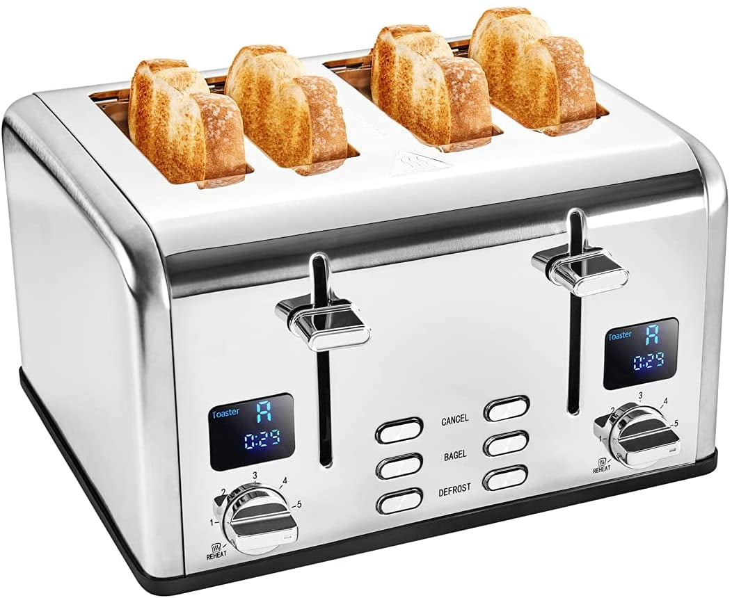 Savania 4-Slice Bread Toaster, Stainless Steel with Dual LCD Display, Wide Slots, Bagel/Defrost/Cancel Functions