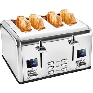 Savania 4-Slice Grille pain, acier inoxydable avec double LCD Affichage, grandes fentes, bagel/défrost/annulation des fonctions
