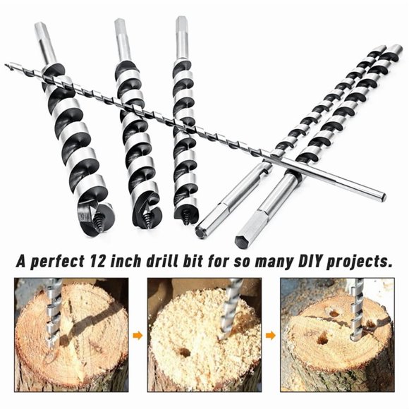 Katigan 6-Piece 12-Inch Long Auger Drill Bit Set for Woodworking - Hex Shank Ship Auger Bits 1/4-7/8 Inch