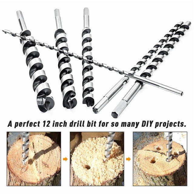 Katigan 6-Piece 12-Inch Long Auger Drill Bit Set for Woodworking - Hex Shank Ship Auger Bits 1/4-7/8 Inch