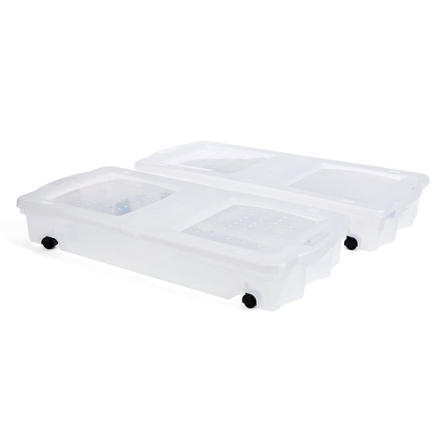Rubbermaid Under the Bed Wheeled Storage Box, 68 Qt, Pack of 2, Wheeled Plastic Under Bed Storage Containers with Dual-Hinged Lids and Sturdy Wheels, Visible Organization for Tight Spaces