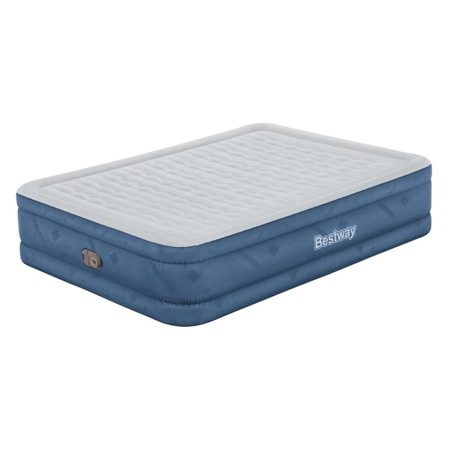 Bestway® Fortech® Snugable Top® Queen Air Mattress with blue Fortech exterior and white plush Snugable Top surface, built-in 110-120V pump valve, wave beam texture for spinal alignment, and surrounding frame to prevent roll-off, suitable for camping and guest use.