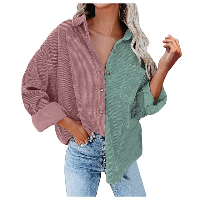CEHVOM Women's Pockets Buttons Long Sleeve Tops Outwear Pachwork Turn-down Collar Jacket Coat