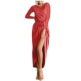 thumbnail image 1 of cfhntfmh Robes de Cocktail pour Femmes Automne Confortables Col Rond Manches Longues Longue Robe Maxi Douce Aguichant Ceinturée Fente Latérale Robe de Soirée, 1 of 1