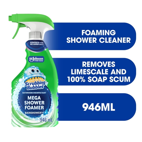 Scrubbing Bubbles Mousse superpuissante pour la douche, Déloge les résidus de savon des baignoires, des murs de douche et bien plus, parfum Rosée du matin, 946 mL