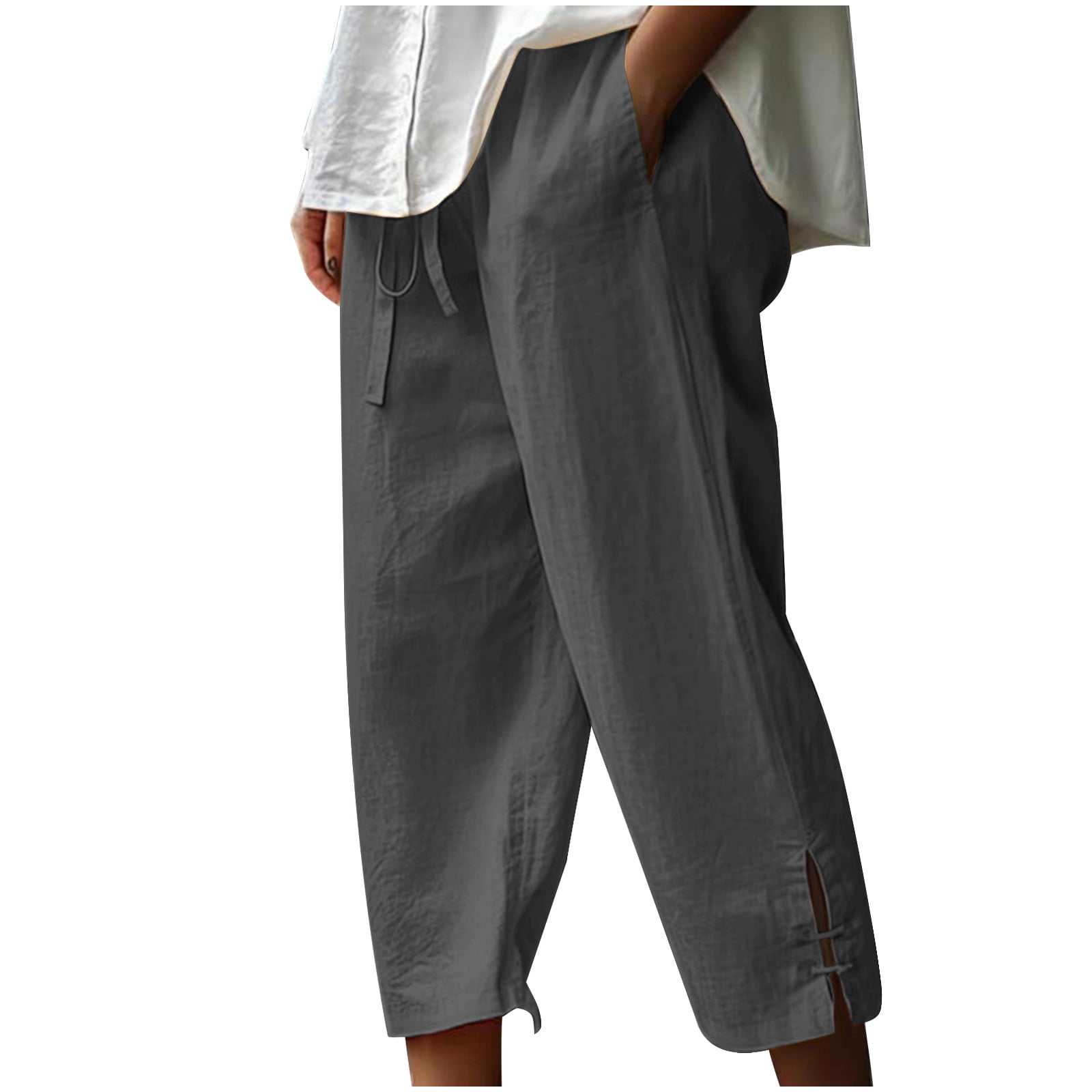 Timegard Womens Cotton Linen Pants Elastic Waisted Drawstring Capri Pants Casual Loose Trousers with Pockets
