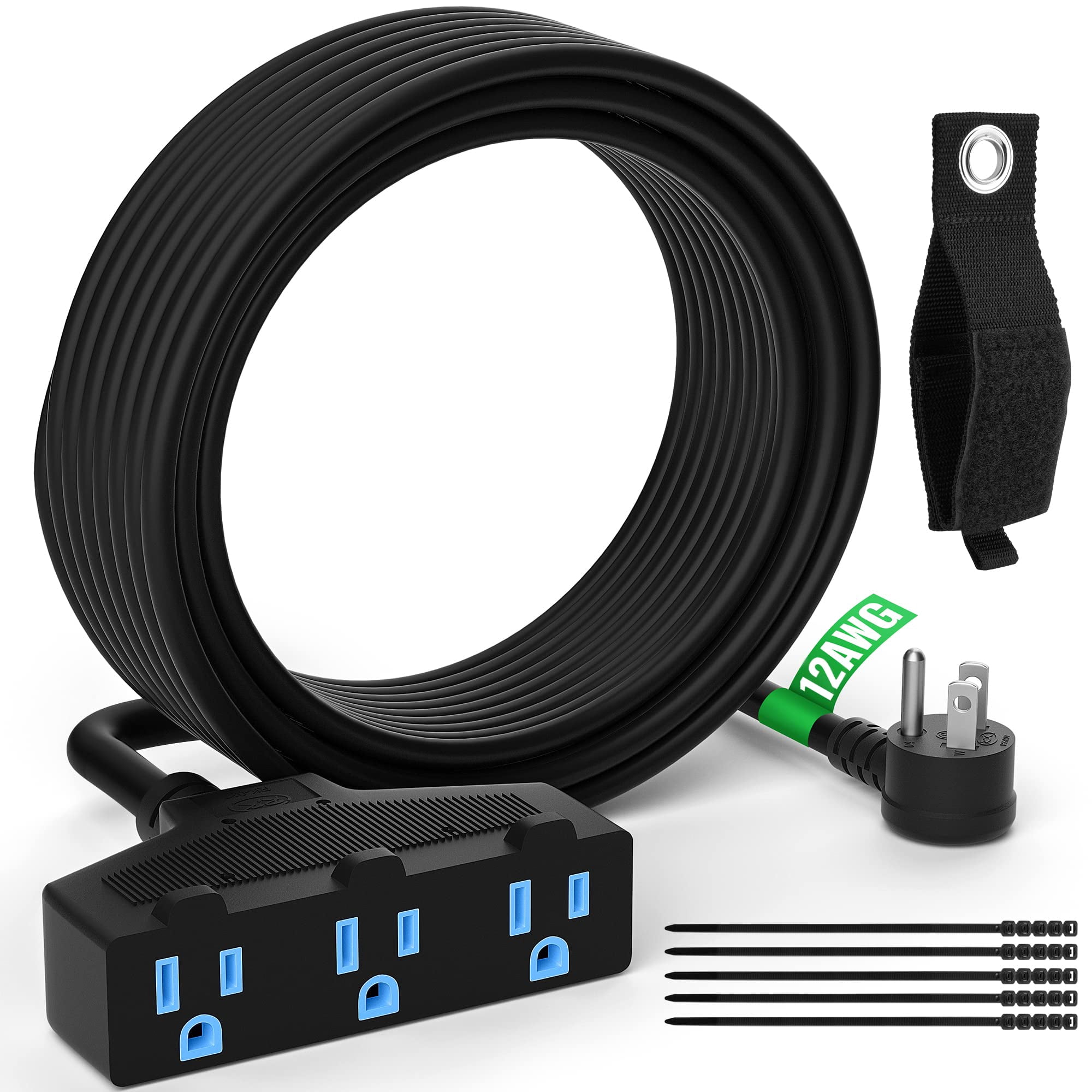Outdoor Extension Cord 50 Ft with 3 Outlets, 12/3 SJTW 3 Prong Grounded Power Cord, 12 Gauge 12AWG Heavy Duty Power Cable, ETL Listed, 15 Amp 125 V 1875 W-Multiple Outlets for I